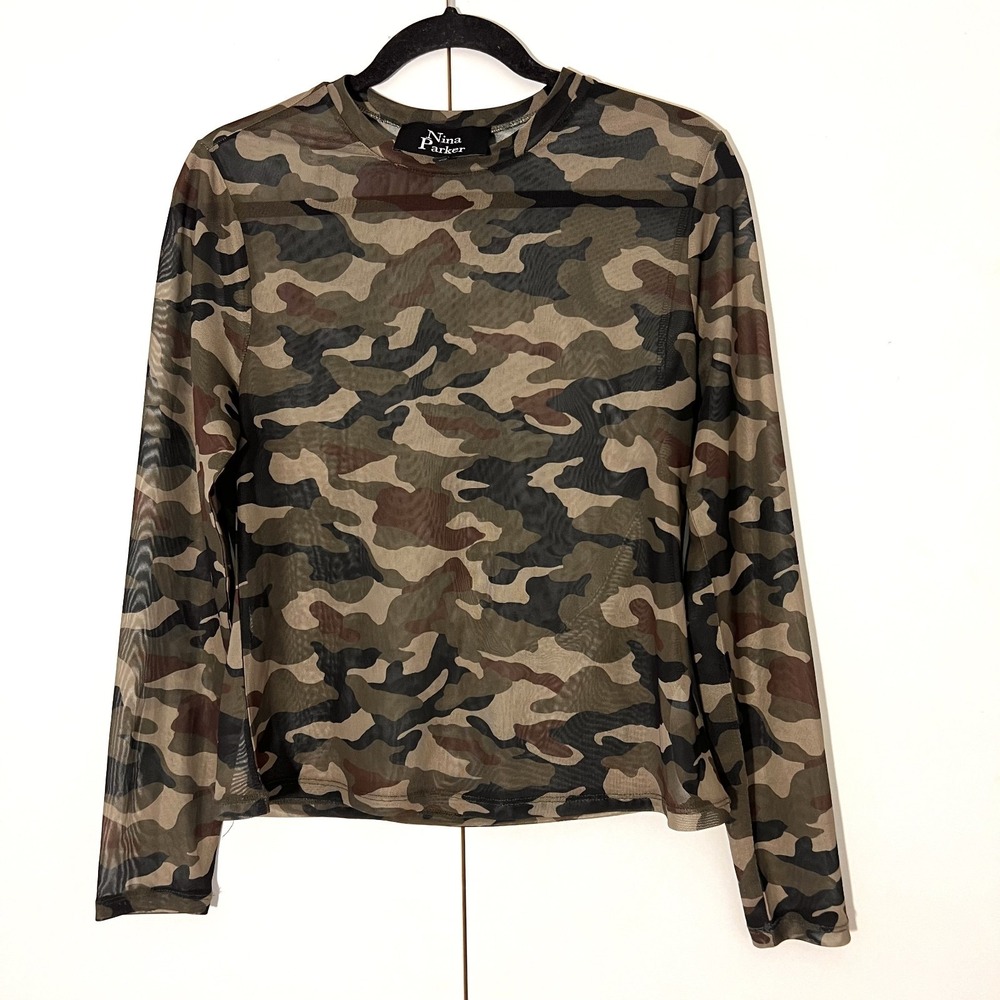 Nina Parker Mesh Top Women 0X Green Camo Long Sleeve Sheer Earth Tones Edgy Y2K